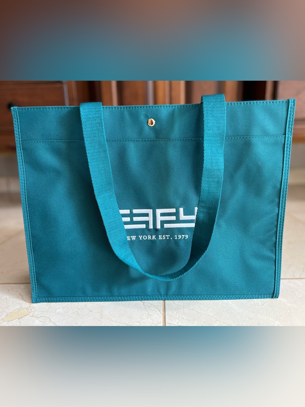 EFFY New York Teal Blue White Canvas Tote Shopping Beach Shoulder Bag Pocket